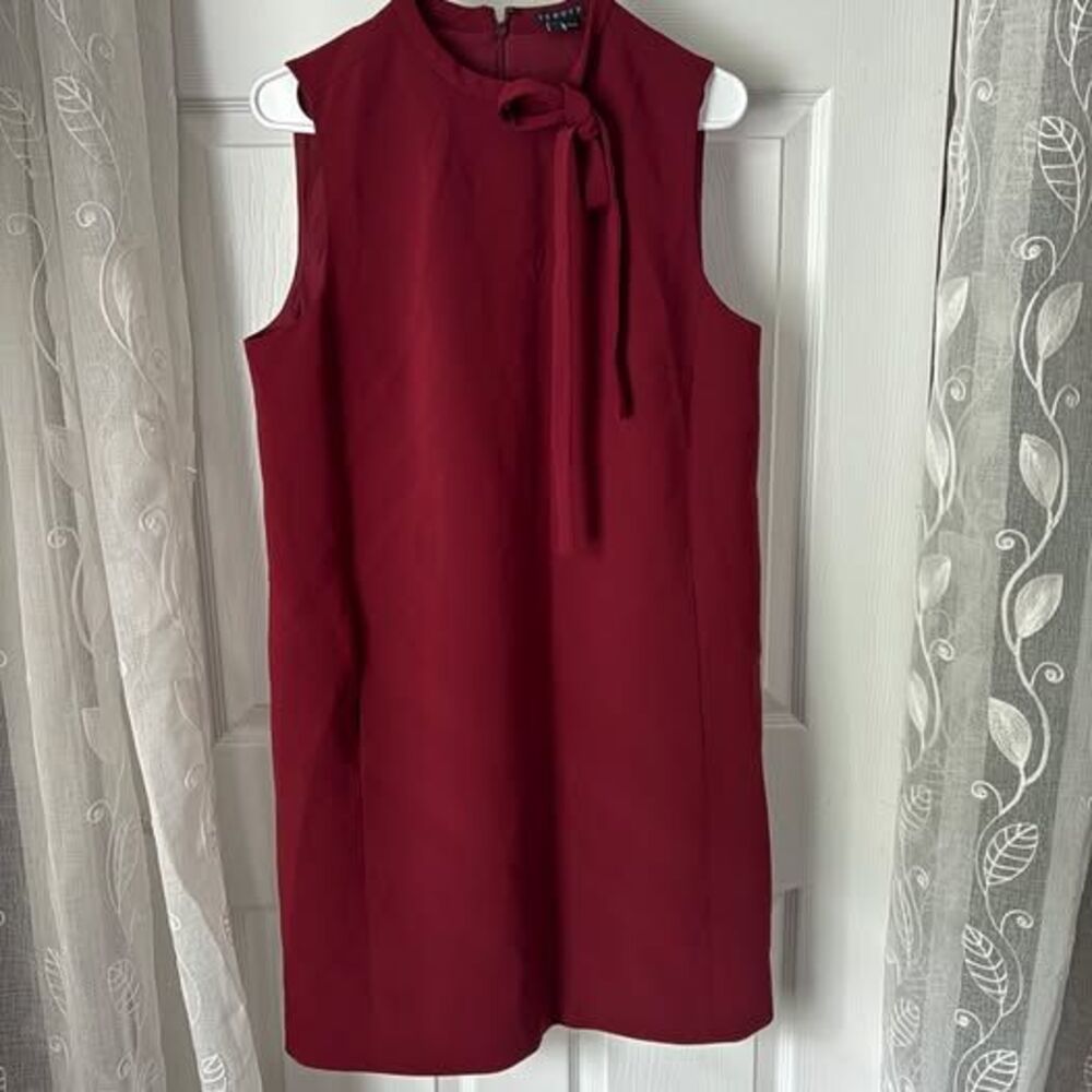 Theory Burgundy Sleeveless Bow Neck Sheath Dress Womens Size 12 Pockets